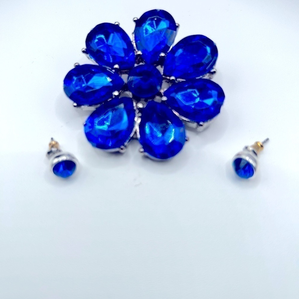 2 Vintage Blue Cobalt Silver Flower Brooch Set With Matching Post Earrings​​